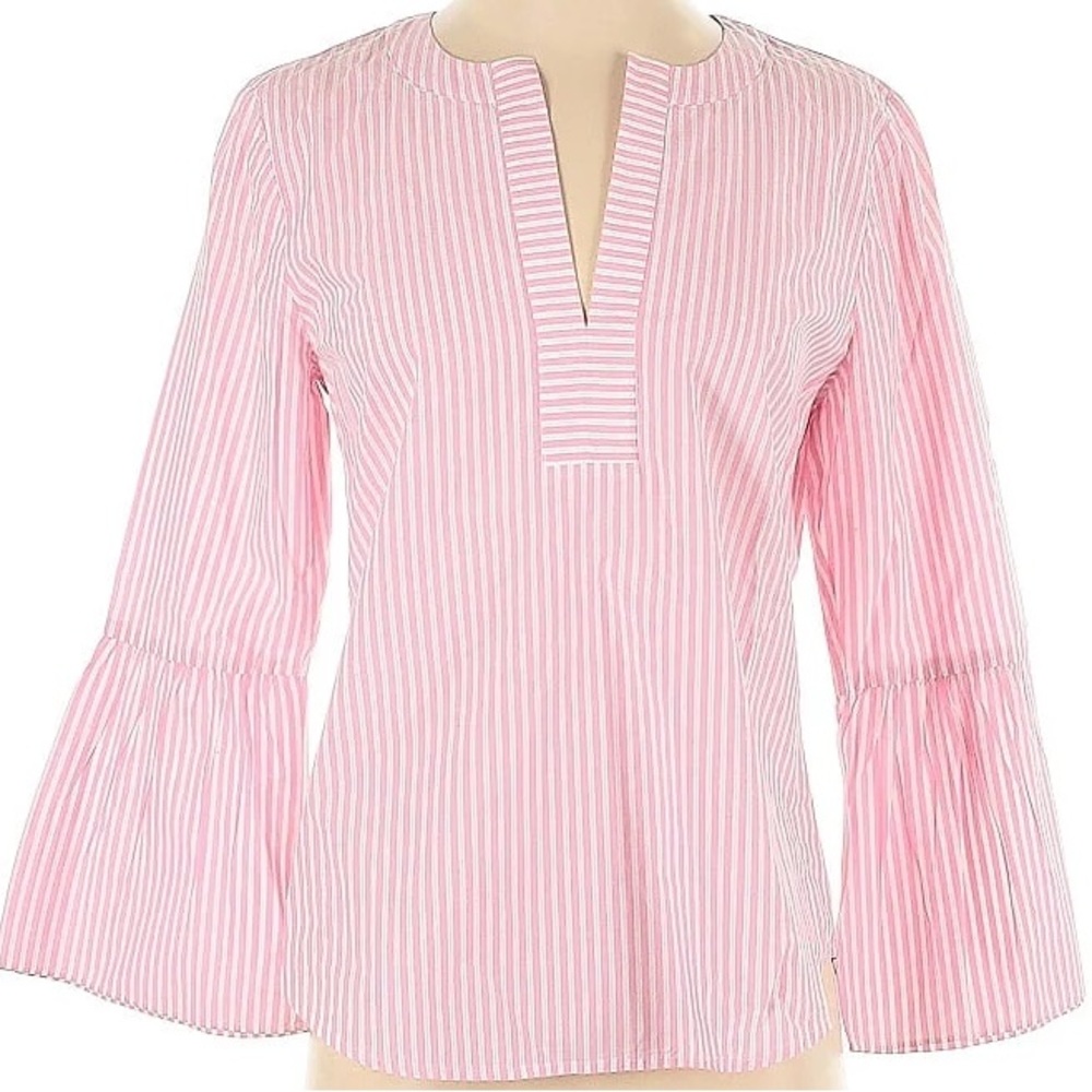 J. Crew Pink and White Striped Bell Sleeve Blouse